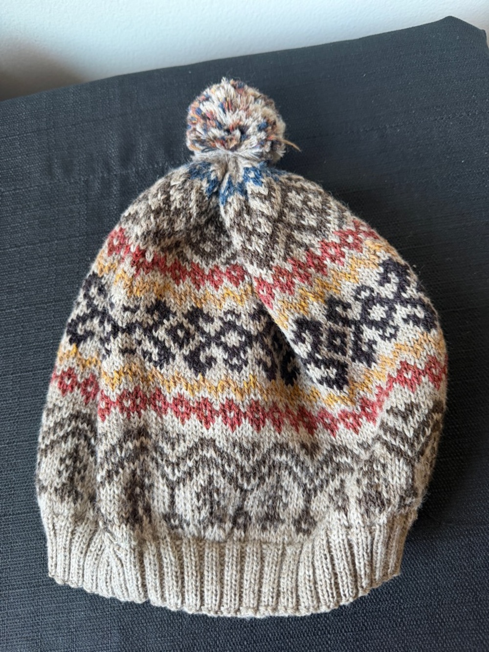 Peruvian Connection Neutral Fair Isle Knit Hat with Rust Accents